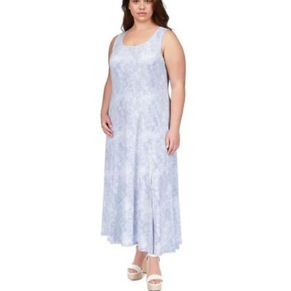 Michael Kors Plus Size Printed Sleeveless Maxi Dress 3X Pastel Blue Resort NWT‎